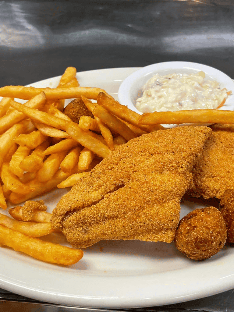 Crispy fried fish fillet with French fries and coleslaw on a white plate at QuestForDirections.