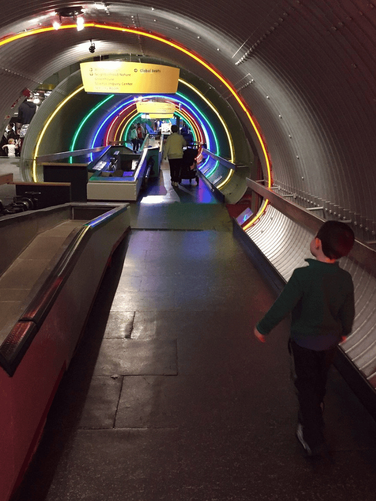 Light tunnel with colorful neon lights at airport baggage claim area.