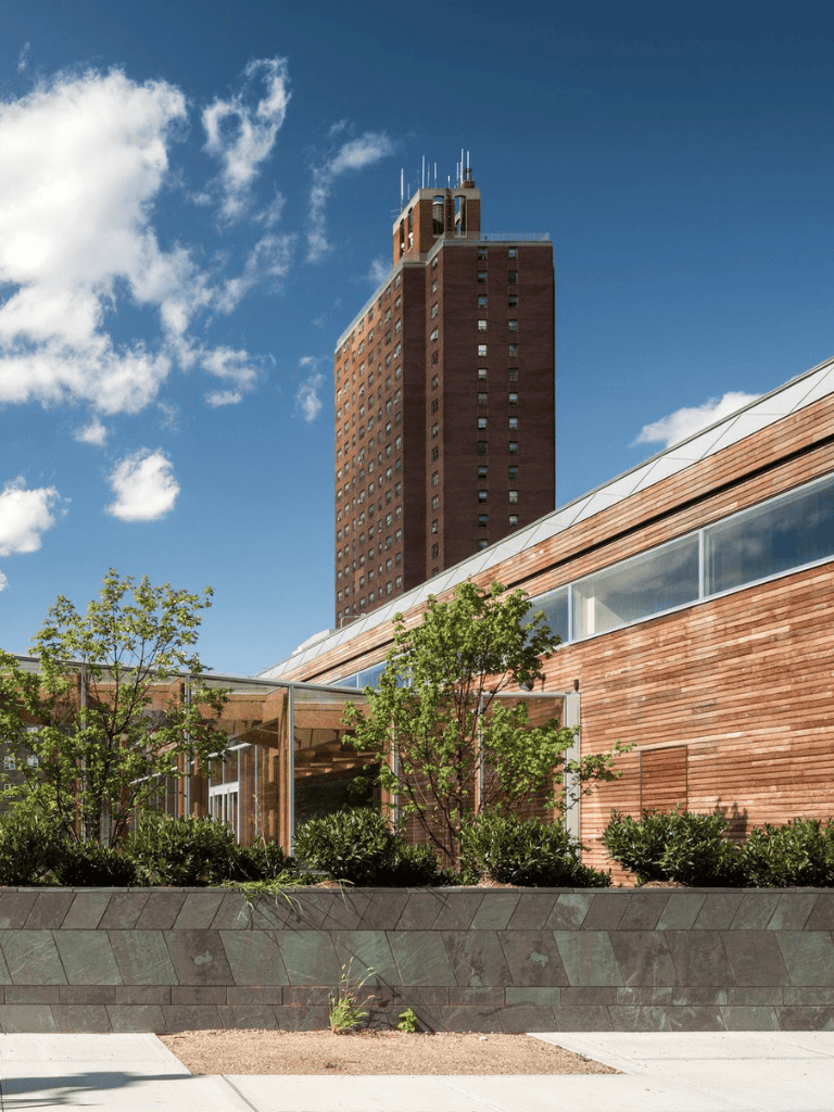 Modern city building with rooftop garden and blue sky, urban landscape, QuestForDirections service.