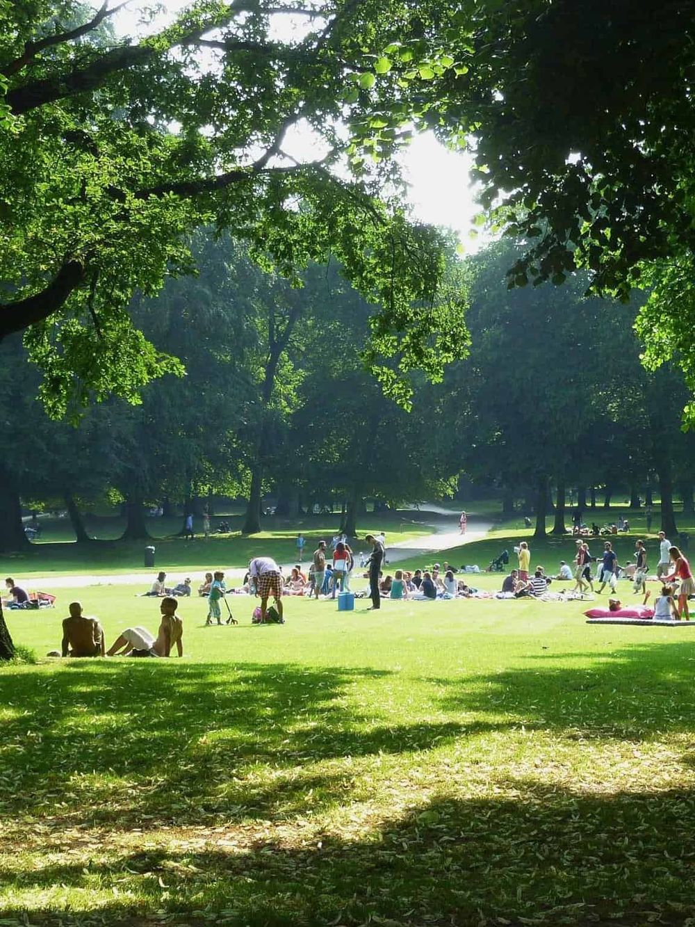 Lush green park with families enjoying a sunny day in nature.