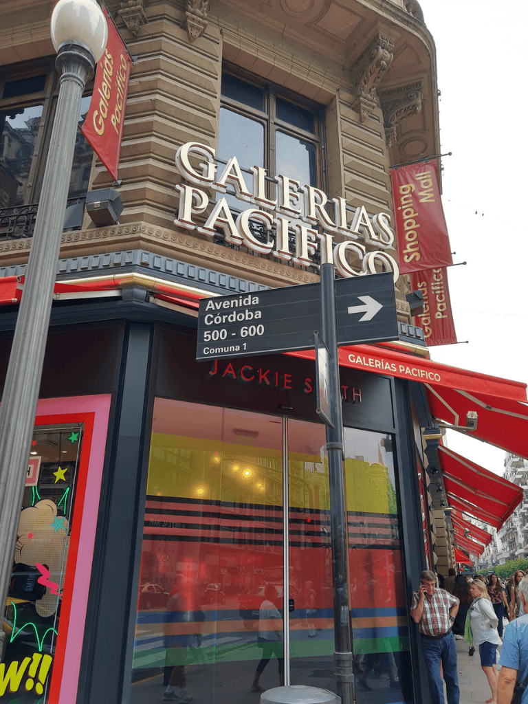 Bright signage for Galerias Pacifico shopping mall in Buenos Aires, Argentina.