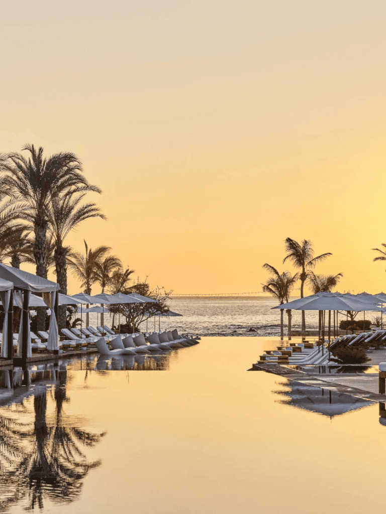 Luxury beach resort with infinity pool and palm trees at sunset, perfect for relaxing vacations.