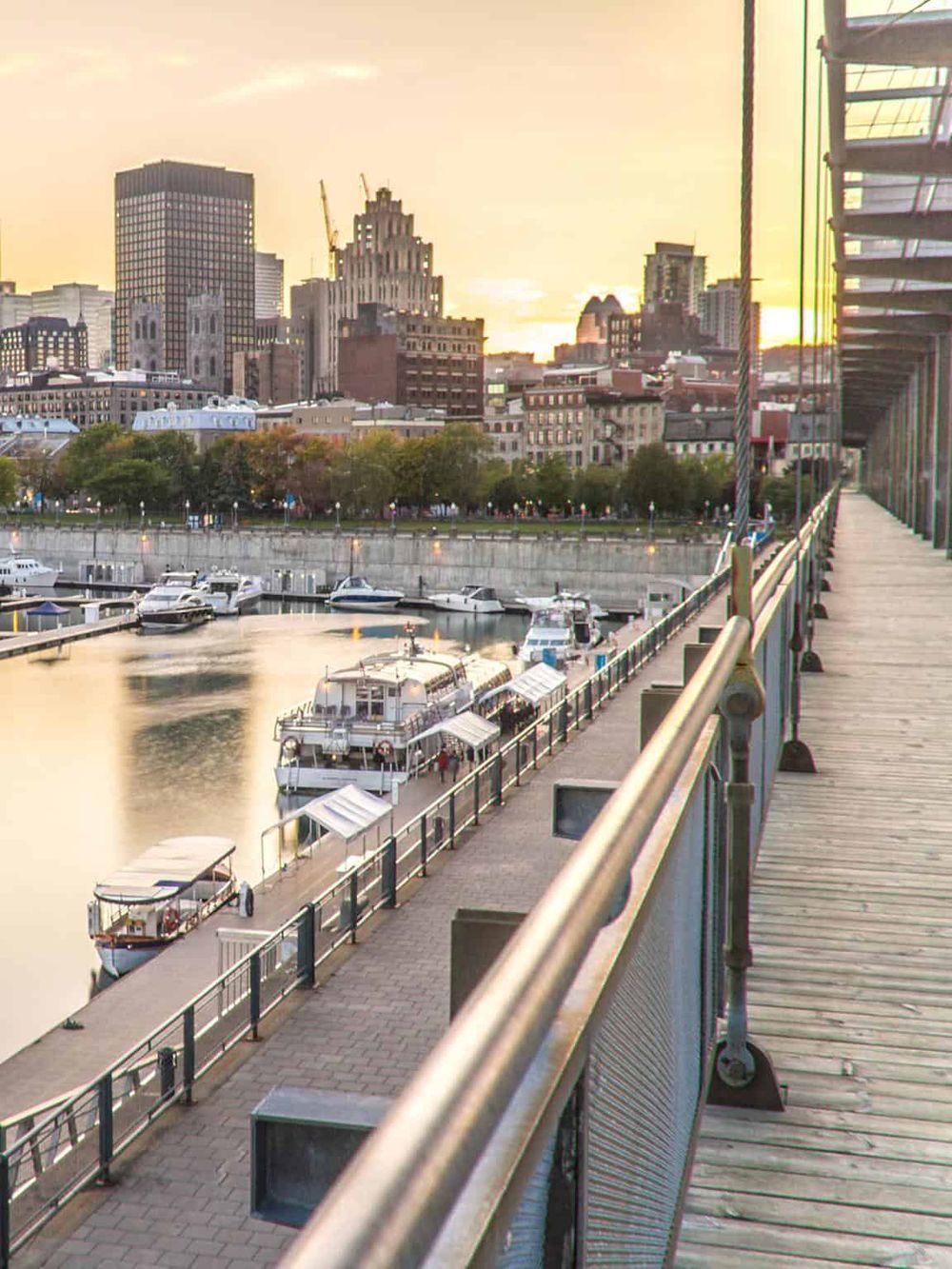Boating marina and city skyline at sunset along the waterfront in downtown Portland.