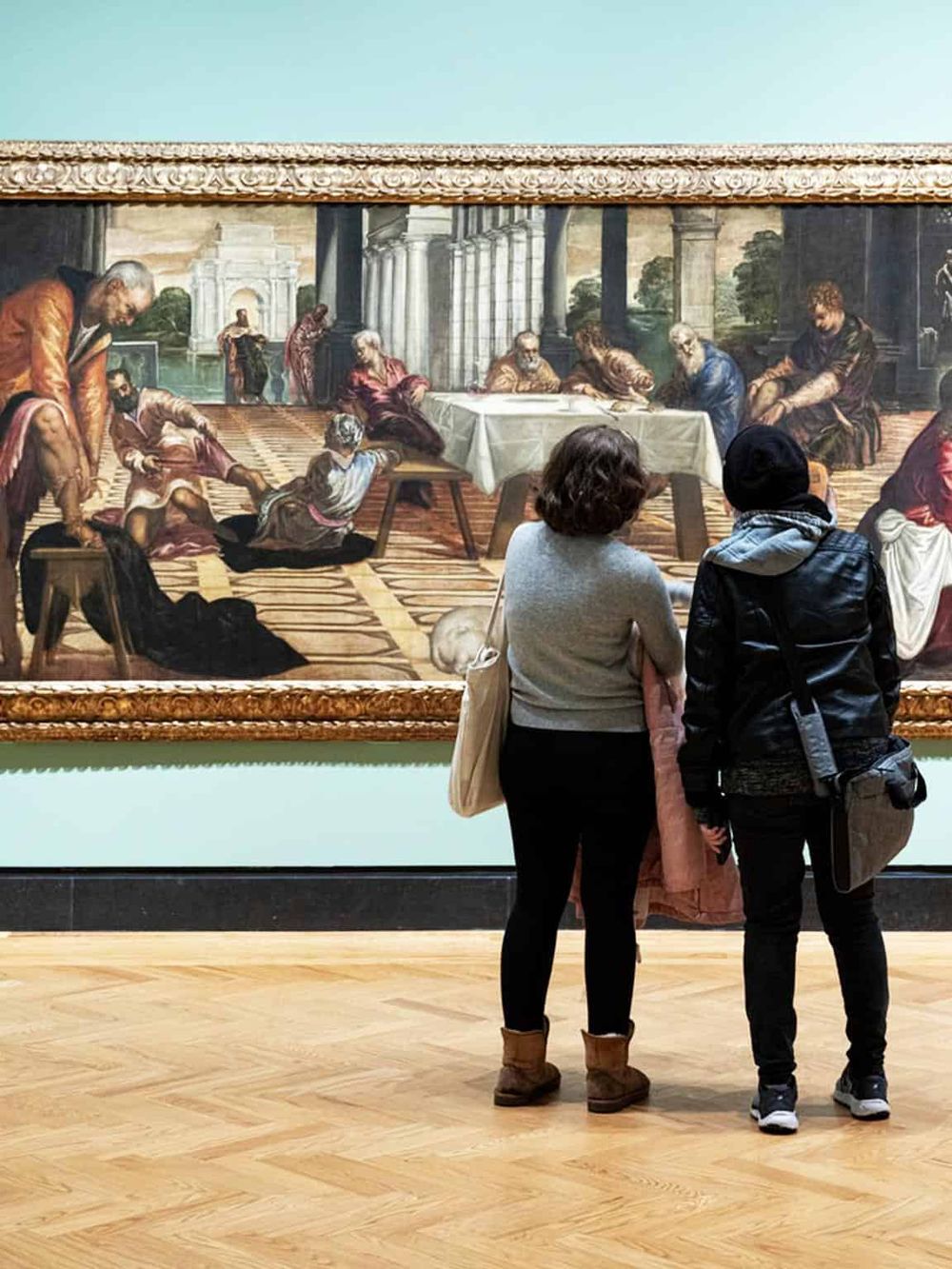 Ancient painting recreation at QuestForDirections art museum, visitors exploring classical artwork and history.