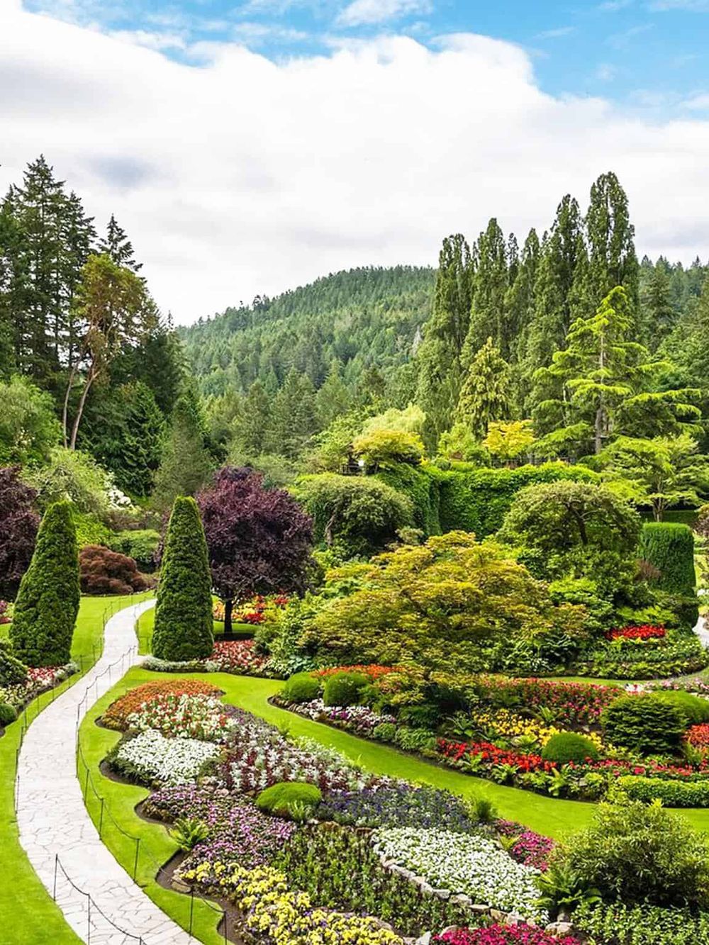Lush green garden with vibrant flowers and winding pathways, surrounded by tall trees and mountain scenery.