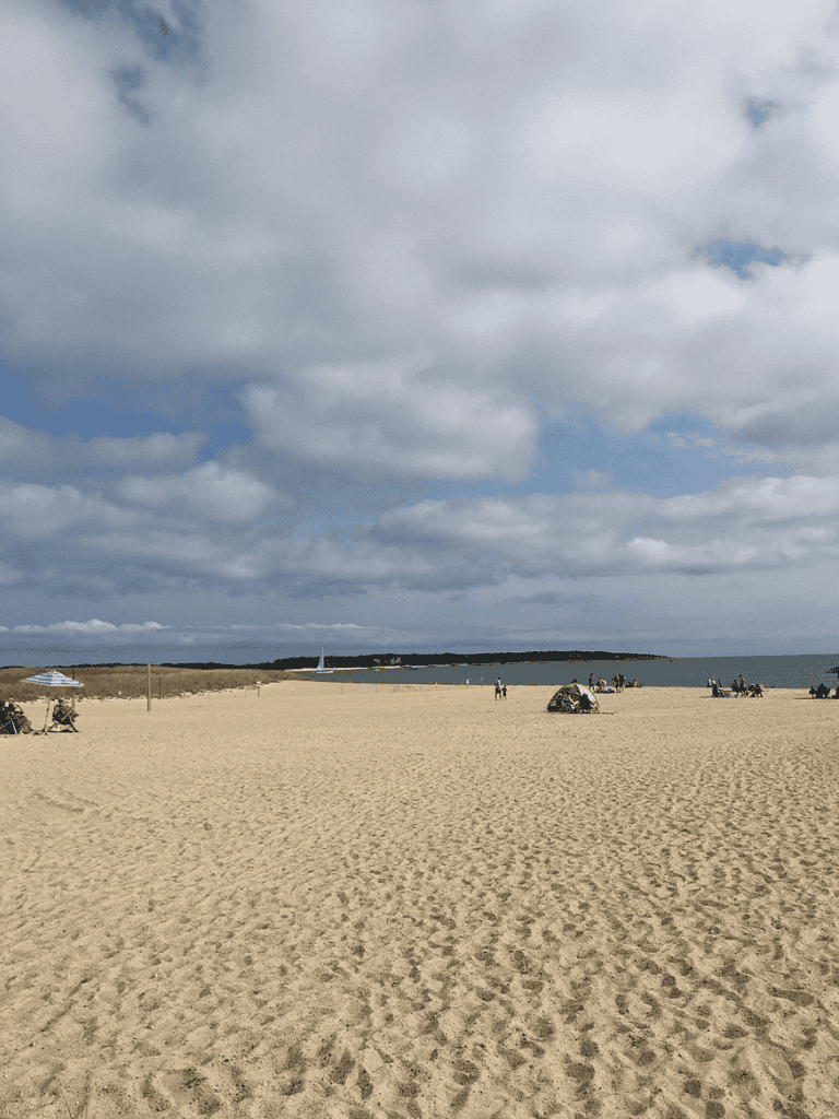 Beach with cloudy sky, sand, umbrellas, and people enjoying outdoor activities.