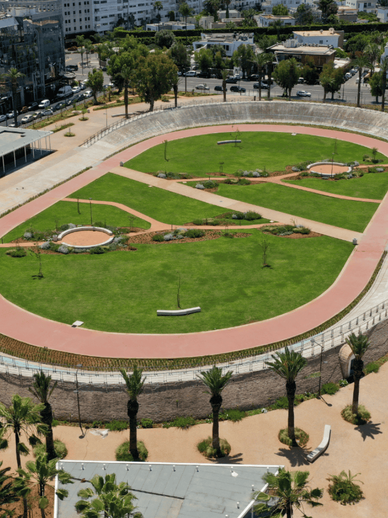 Open green park with walking paths and playground area in an urban setting.