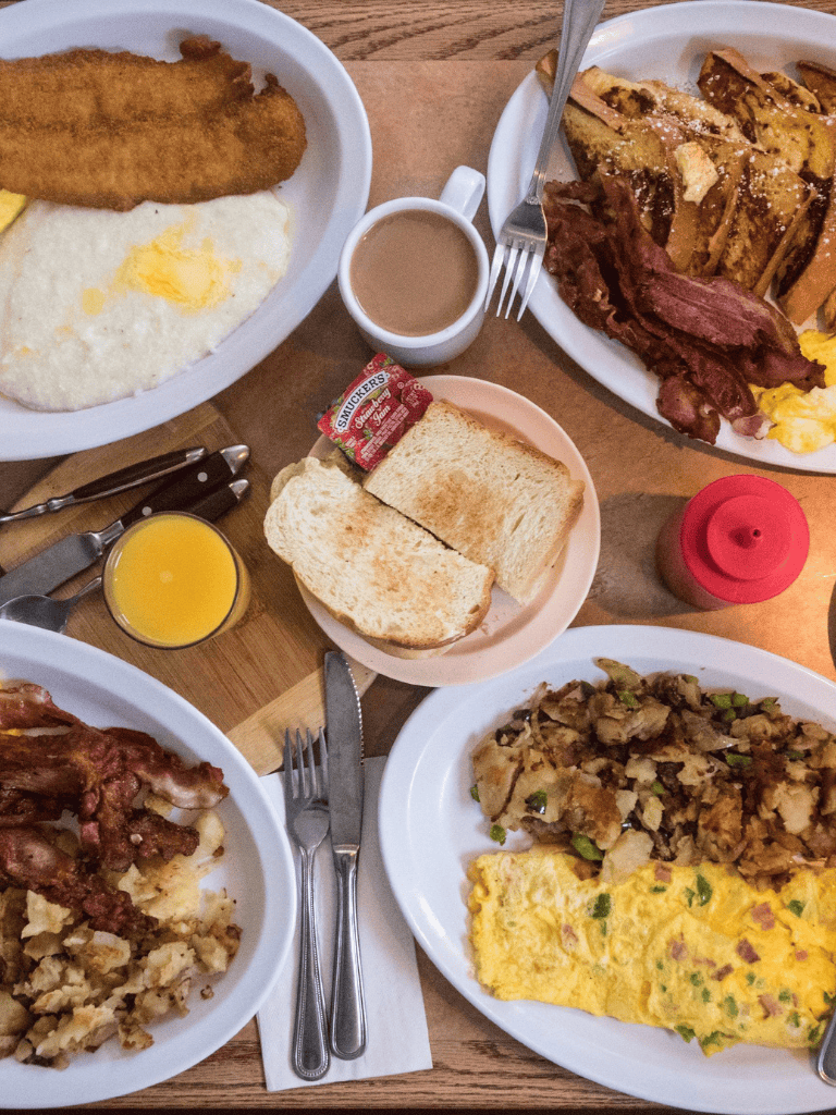 Savory breakfast with eggs, toast, bacon, distinct dishes, and coffee at QuestForDirections restaurant.