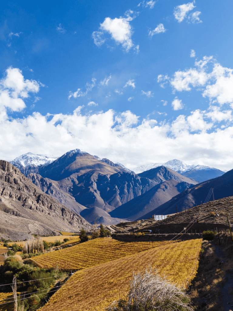 Vast mountain landscape with snow-capped peaks and lush valley in the background, clear blue sky with scattered clouds.