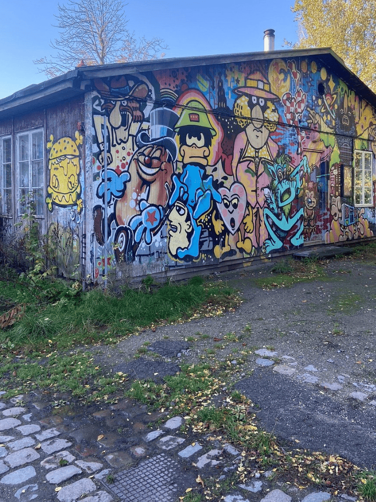 Vibrant graffiti mural on a weathered wooden building with cartoon characters and blue sky background.