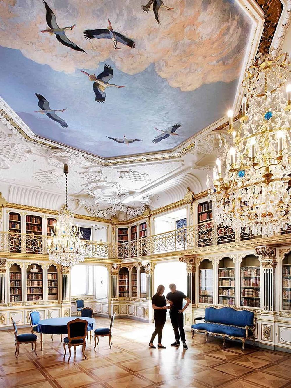 Elegant library interior with ornate decor, chandeliers, and paintings of flying birds on ceiling, perfect for historic architecture enthusiasts.