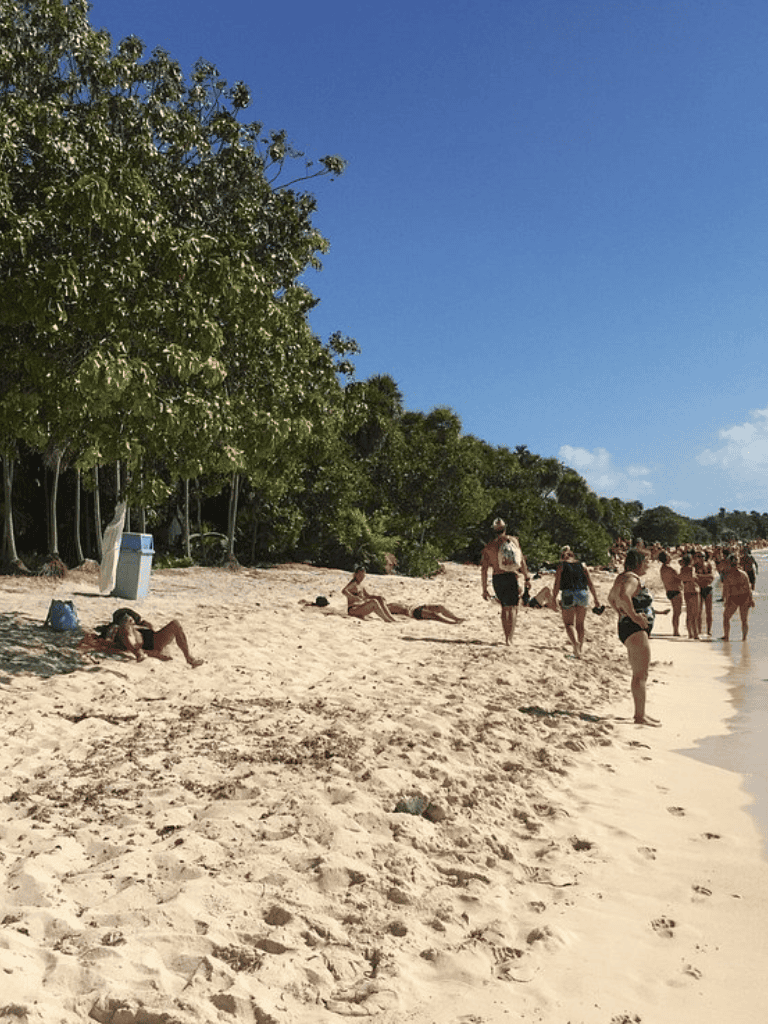 Relaxing beach scene with sunbathers and clear blue sky in tropical coastal destination.