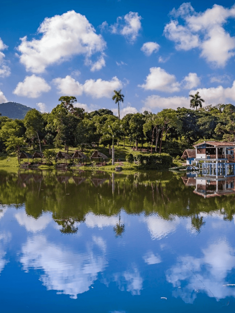 Serene lakeside view with lush greenery, trees, and sky reflections, perfect for nature and travel enthusiasts.