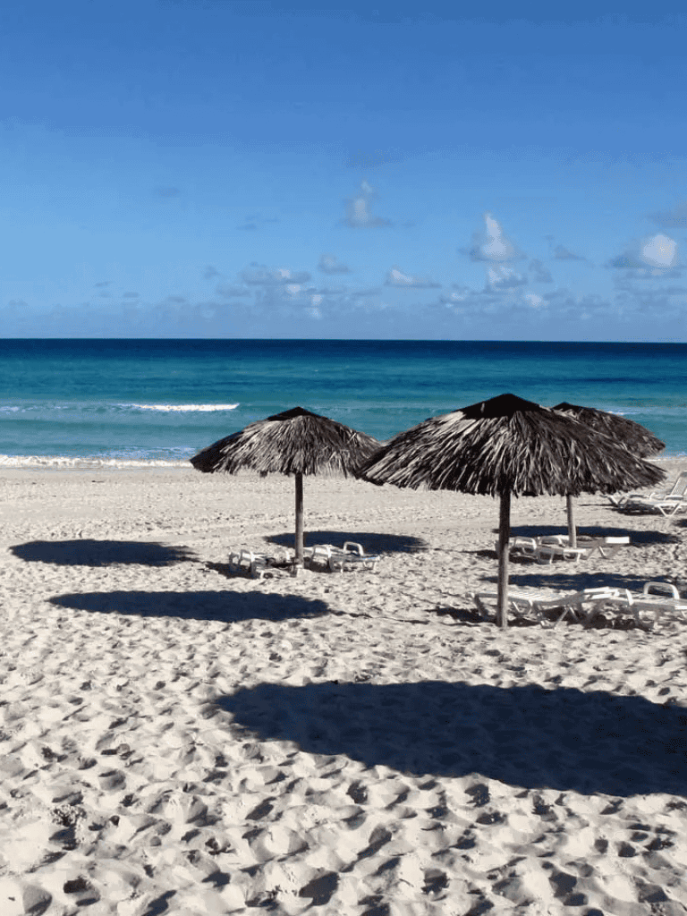 Relaxing beach scene with straw umbrellas and lounge chairs on white sandy shore.