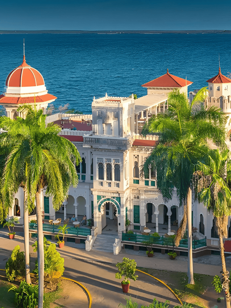Luxurious seaside castle with palm trees and ocean view.