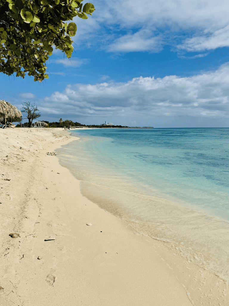 Pristine tropical beach with clear turquoise waters and soft sandy shoreline.