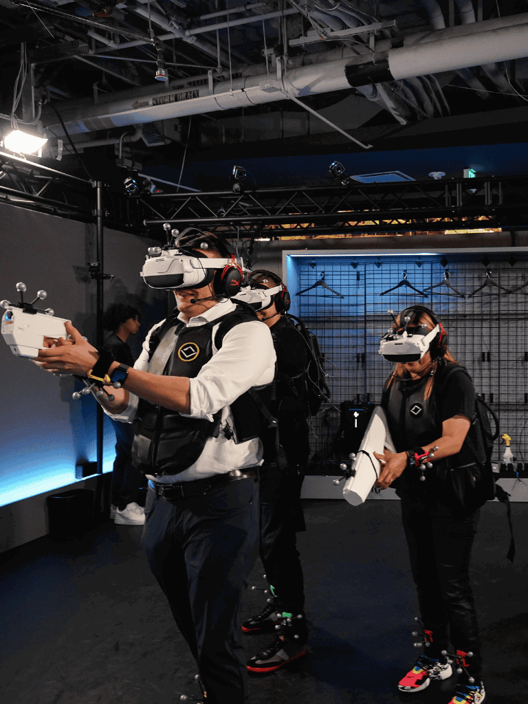 VR gaming experience at QuestForDirections, showcasing immersive virtual reality with motion controllers.
