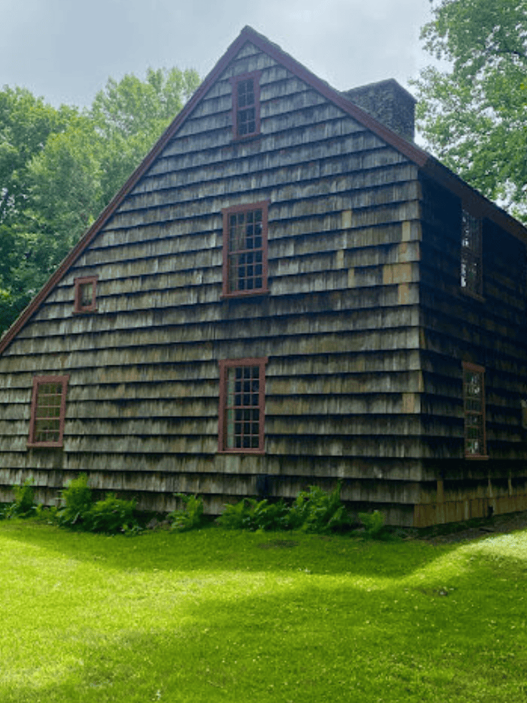 Rustic wooden cabin with multiple windows surrounded by lush greenery and trees.