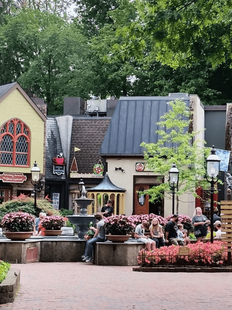 Charming outdoor shopping area with boutique stores and vibrant flowers in a European-inspired setting.