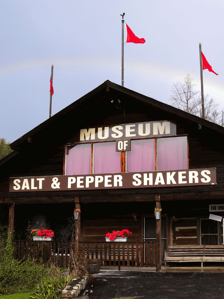 Colorful museum sign for Salt & Pepper Shakers in a rustic building with red flowers and flags.