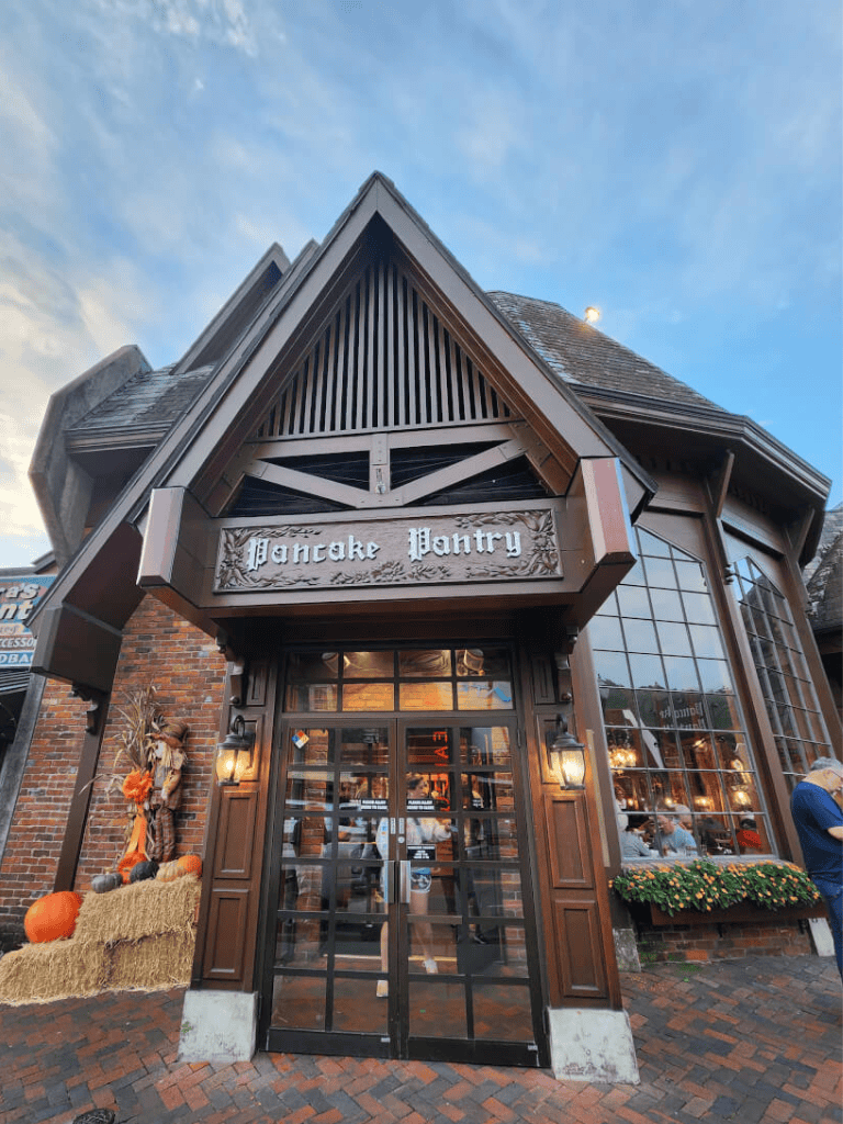 Pumpkin-themed Pancake Pantry restaurant in a cozy building with autumn decor.