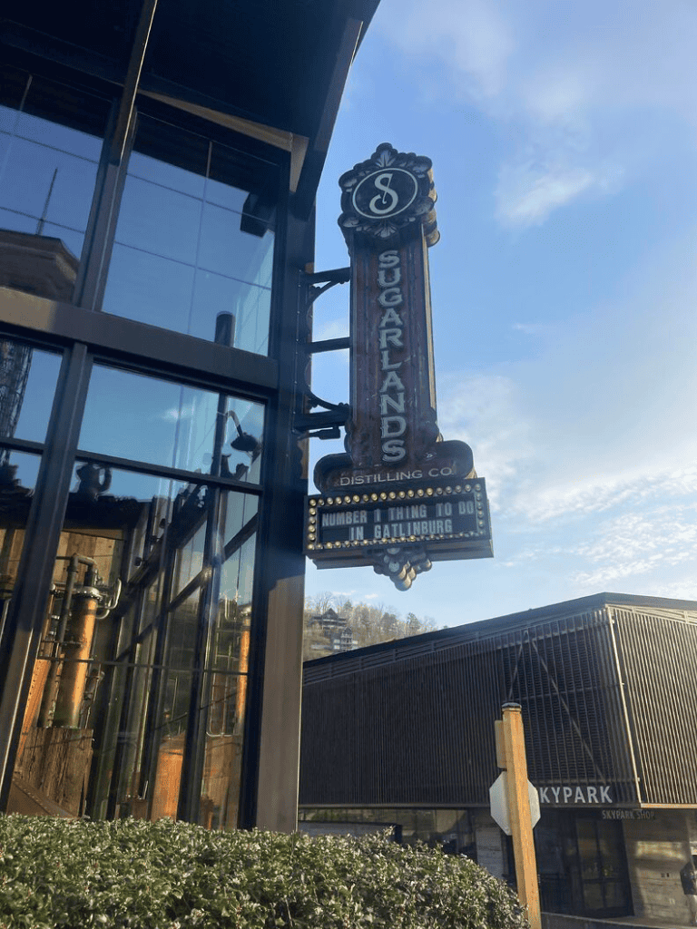 1. Vintage Sugarlands Distilling Co. sign in Gatlinburg, Tennessee.