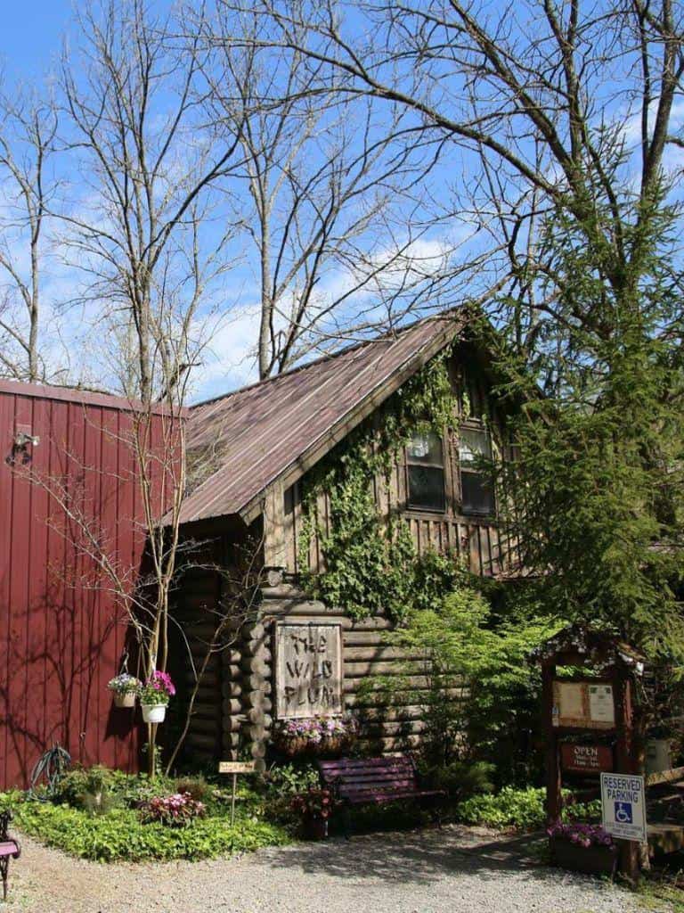 Charming rustic cottage with greenery and signage in outdoor setting.