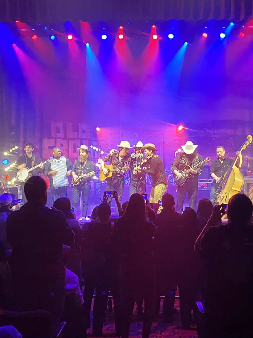 Live country music concert with musicians playing guitars and banjo on stage, vibrant colorful lighting, and audience enjoying the performance.