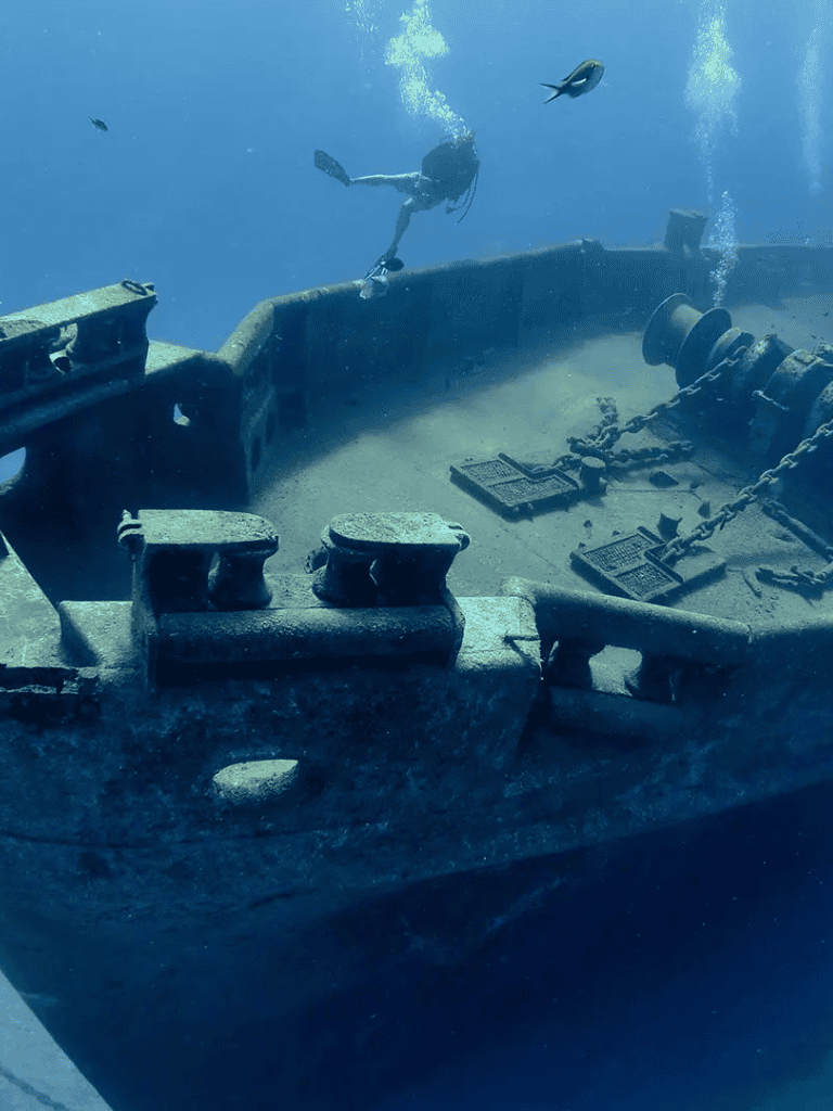 Coral reef shipwreck exploration for travel and adventure activities.
