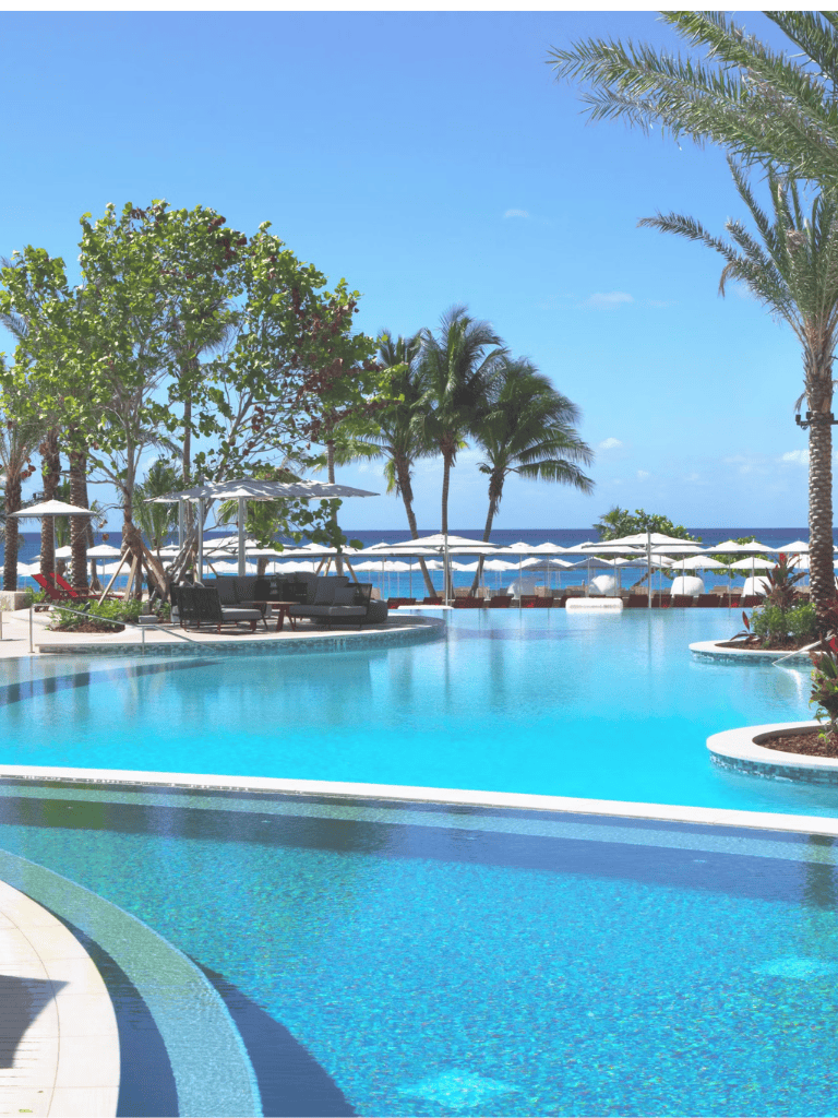 Relaxing tropical pool with palm trees and beach view, perfect for vacation and leisure.