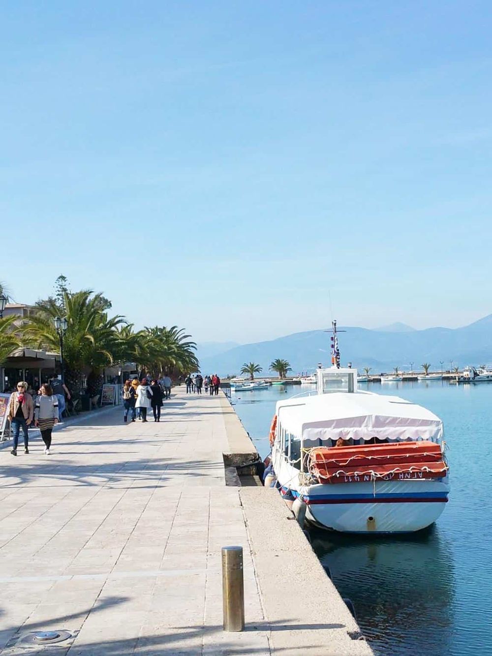 Colorful boat docked at scenic marina with marine promenade, palm trees, and mountain in the background.