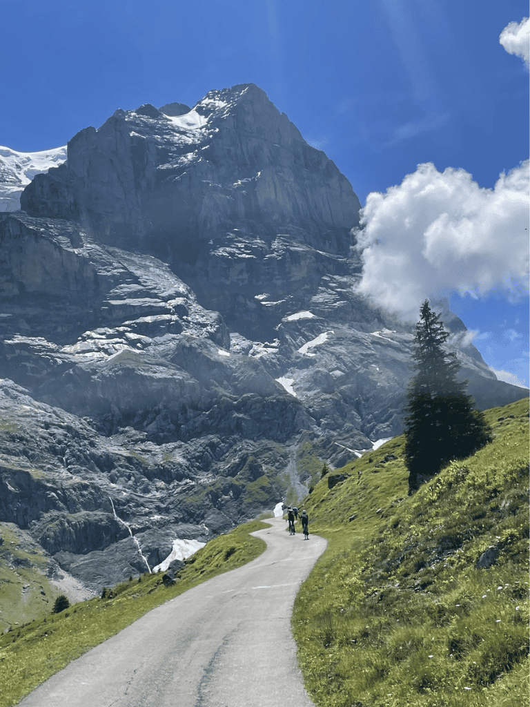 Snow-capped mountain peak with hikers on winding trail in lush green valley, scenic outdoor adventure travel destination.