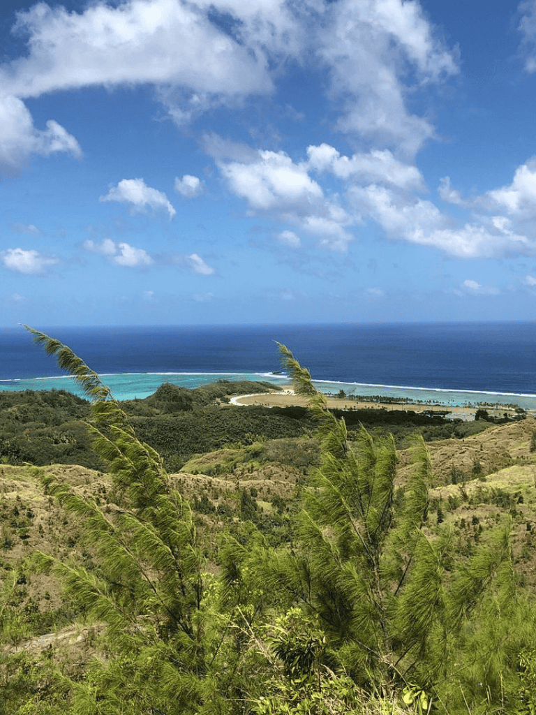 Vivid coastal landscape with lush green hills, turquoise water, and blue sky in a tropical destination.