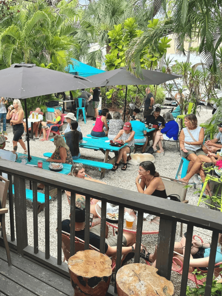 Relaxed outdoor gathering at tropical-themed venue with lush greenery and vibrant seating.