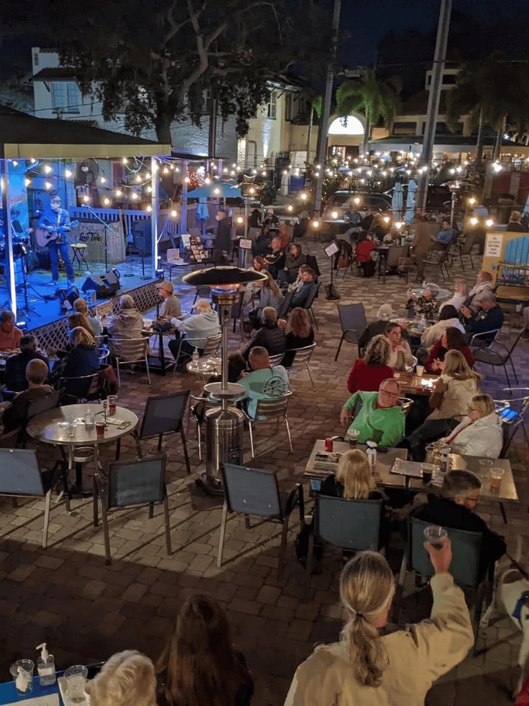 Live outdoor music event with seated audience and string lights at a lively venue.