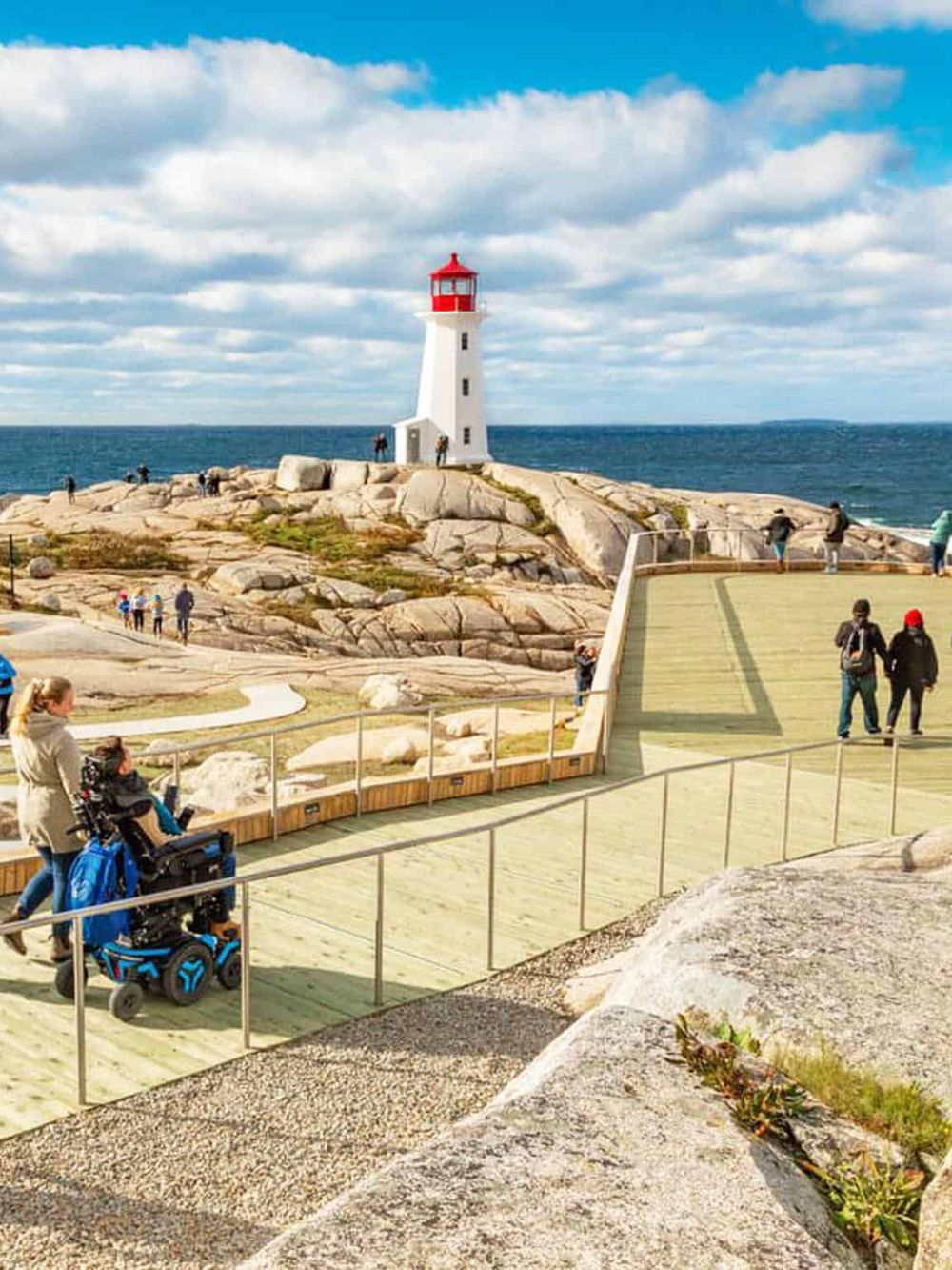 Lighthouse on rocky coastline with scenic views and visitors enjoying the ocean scenery.