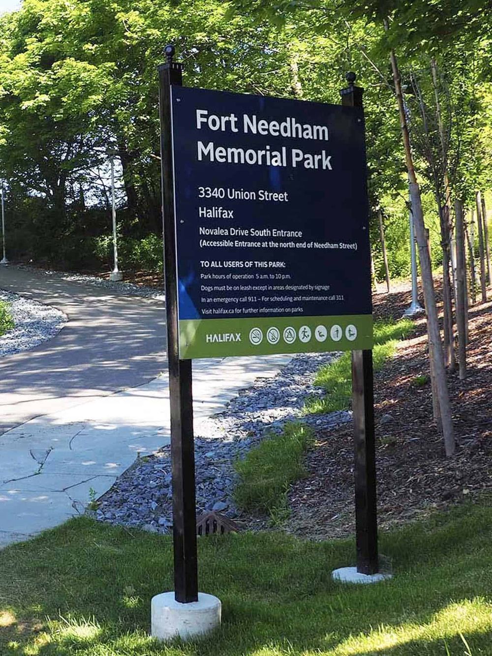 Fort Needham Memorial Park entrance sign with park details in Halifax, Nova Scotia.