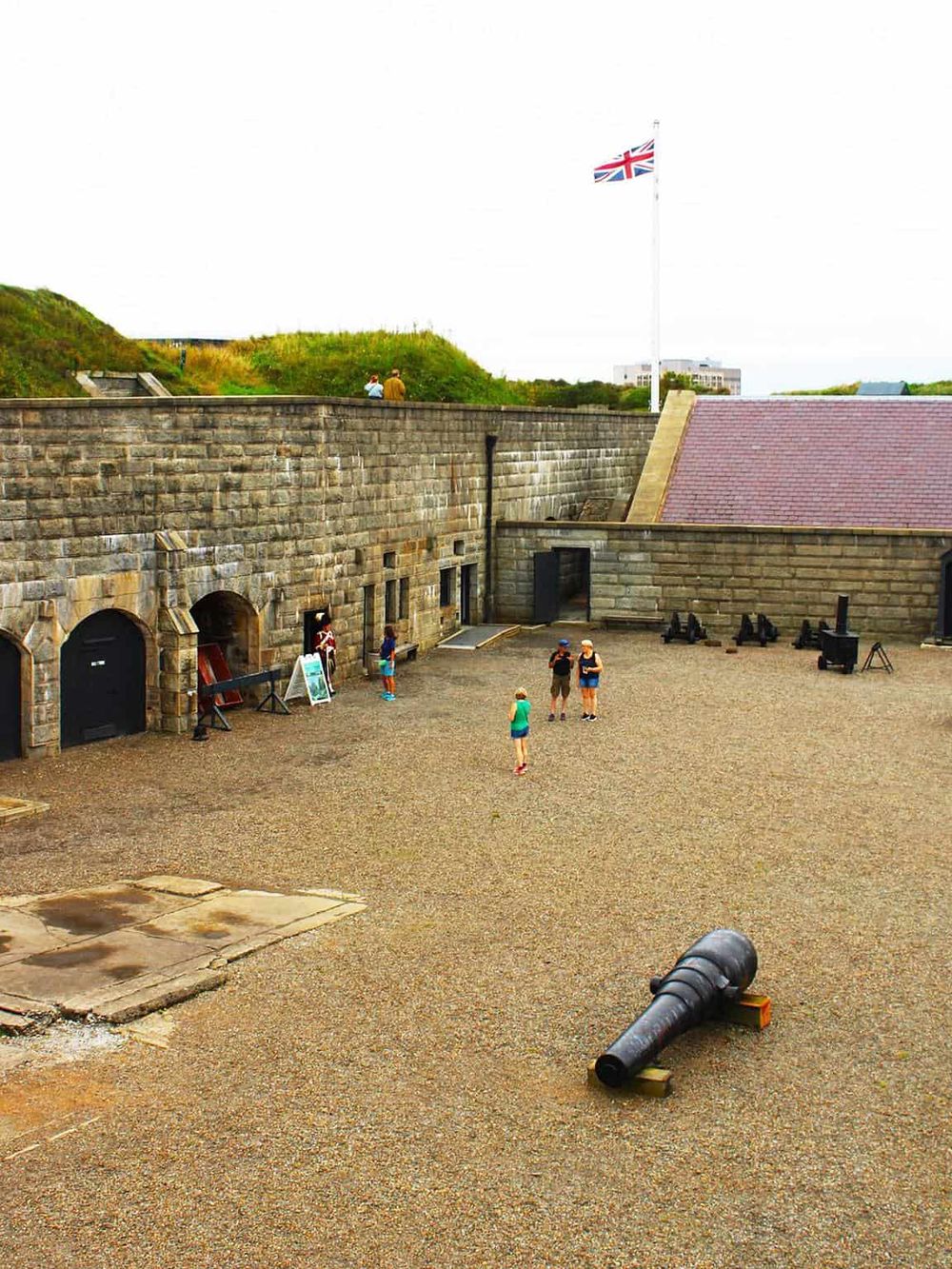 Historic military fortress with cannons and visitors, offering insights into British coastal defense history.