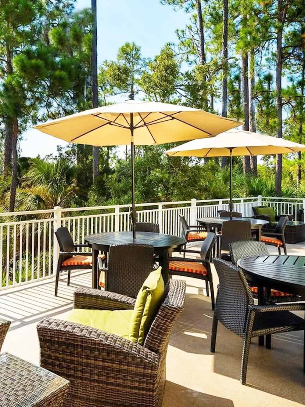Outdoor seating with umbrellas at Quest for Directions, a scenic location for relaxation and dining surrounded by nature.