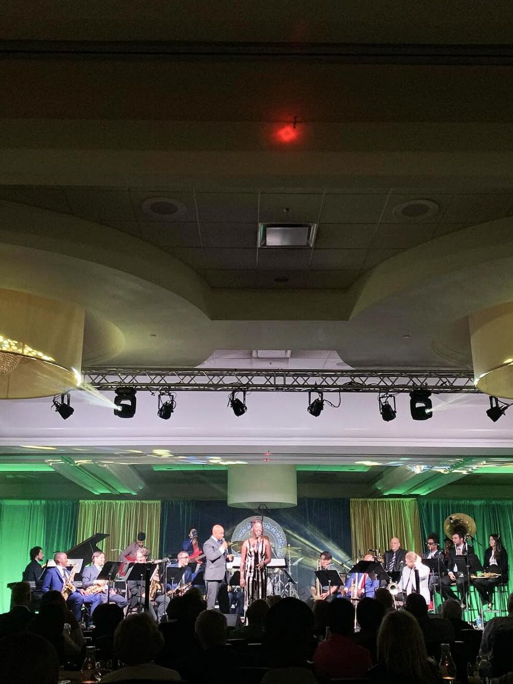 Elegant band performance on stage with green and gold decor, professional lighting, and a seated audience at a formal event.