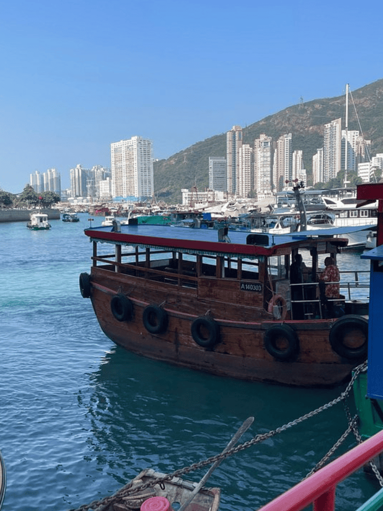 Colorful wooden boat docked at harbor with city skyline and mountain background.