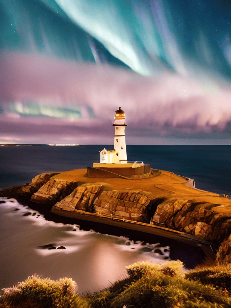 Northern Lights over lighthouse on rocky coast at night, stunning aurora borealis display in sky.
