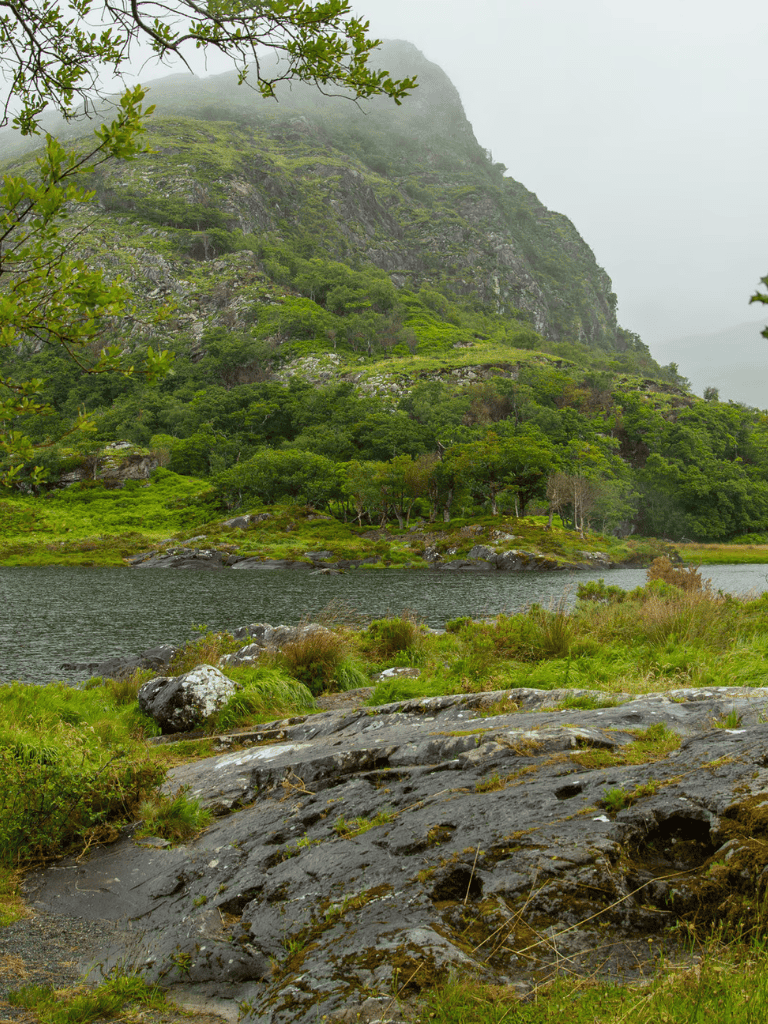 Lush green mountain landscape with lake and rocky foreground, Misty weather, Nature scenery, Adventure travel, Hiking and exploration.