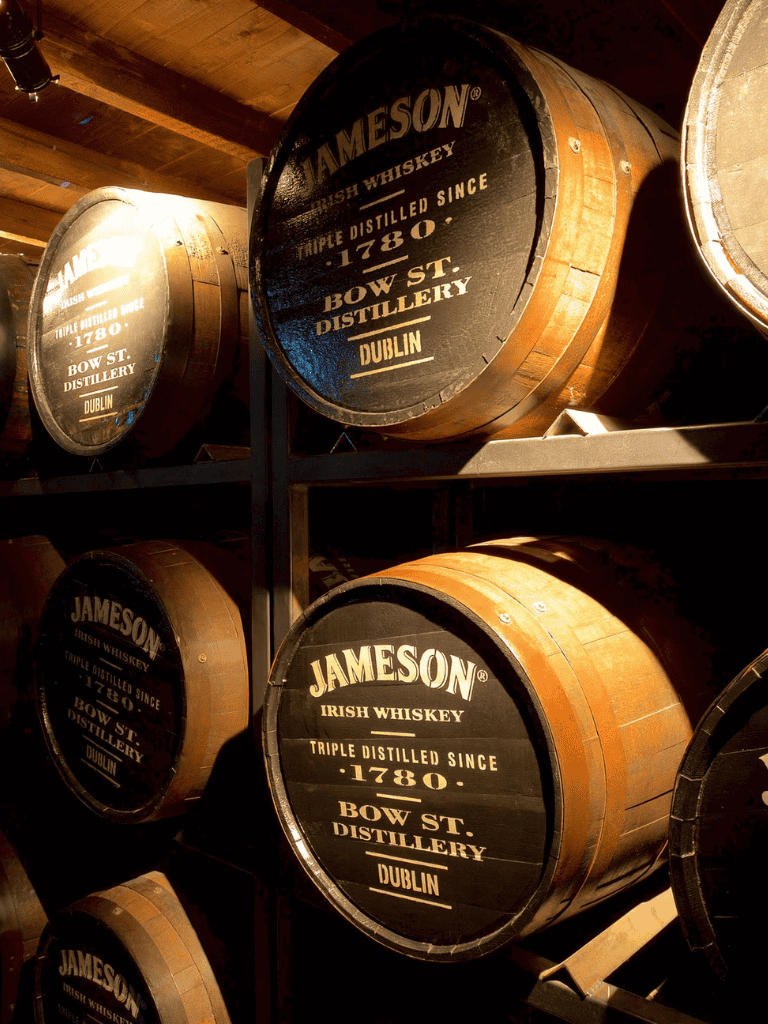 Handcrafted barrels at Bow St. Distillery, renowned for Jameson Irish Whiskey since 1780.