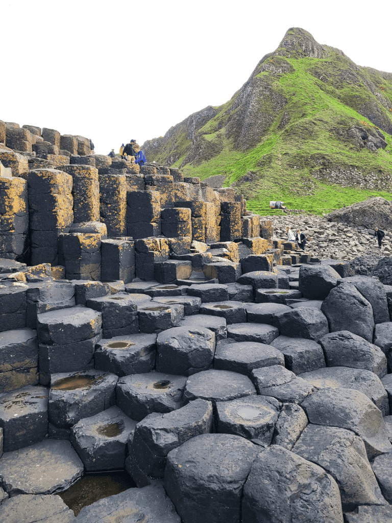 Intricate basalt columns at Giant's Causeway, scenic coastal attraction in Ireland, natural geological wonder.
