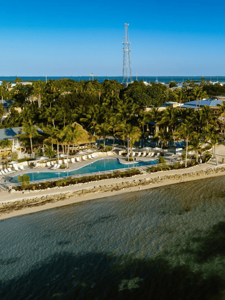 Oceanfront resort with swimming pool, lush palm trees, and scenic coastline at Quest for Directions.