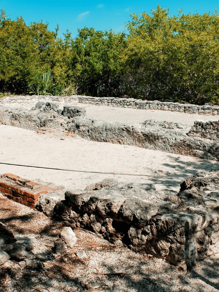 Excavation site of ancient Mayan ruins with stone structures and archaeological remains.