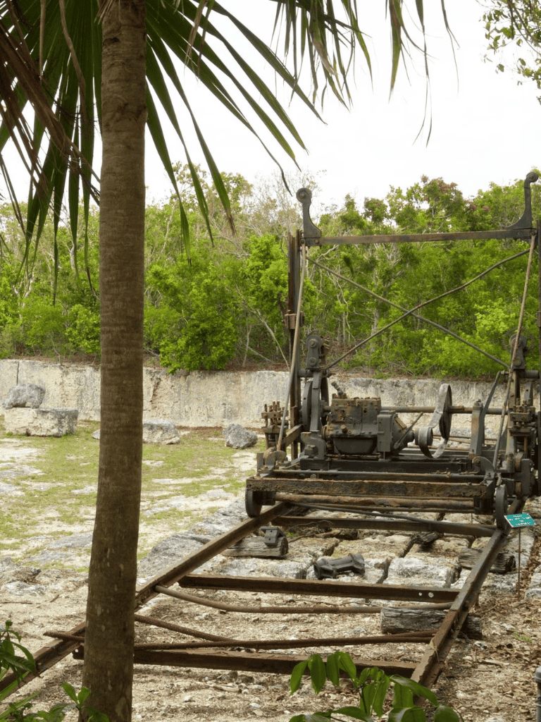 Rusty ancient mining cart on abandoned train tracks in jungle setting.