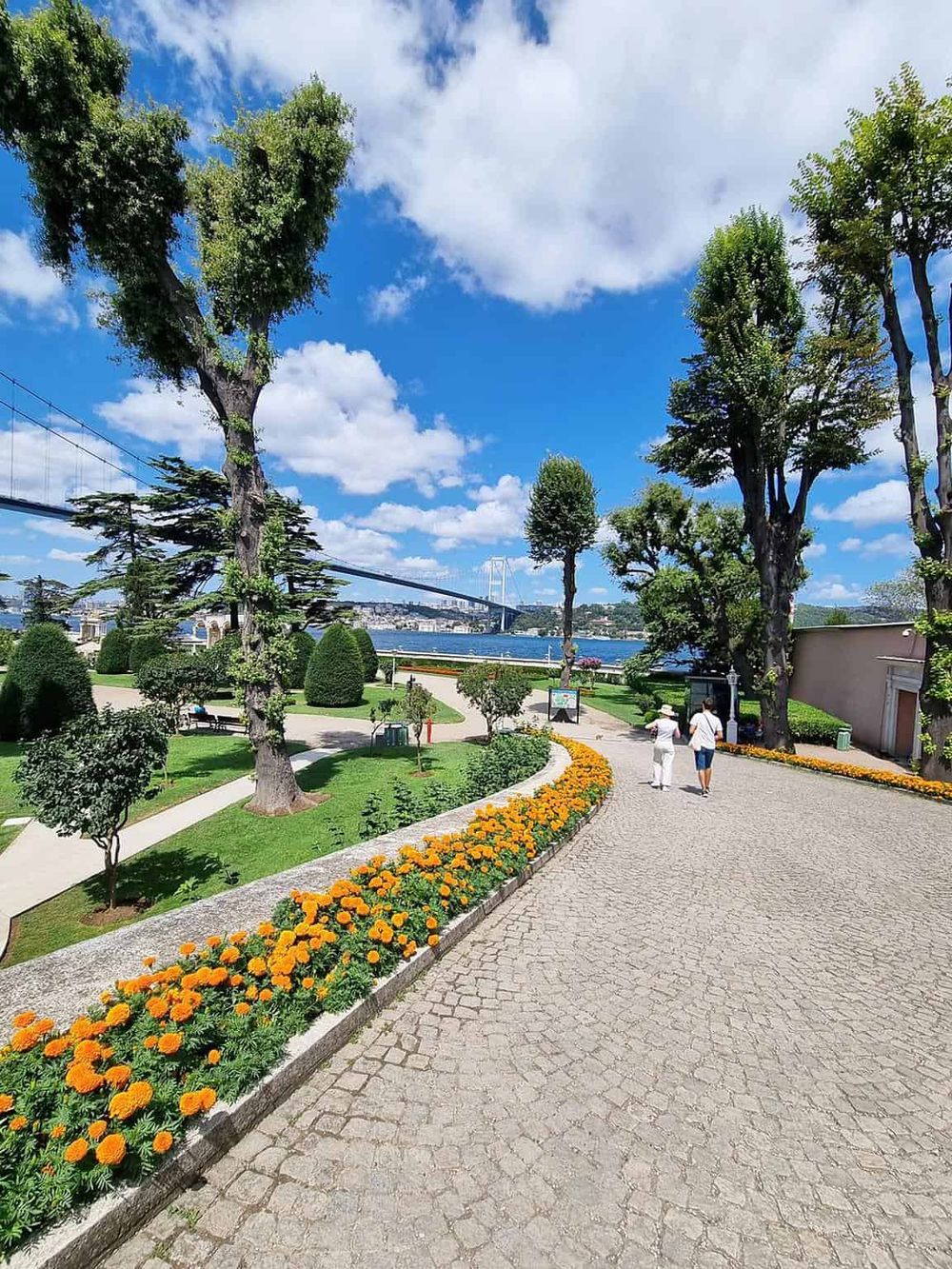 Vibrant park with colorful flowers, tall trees, and a scenic view of a suspension bridge under a bright blue sky.