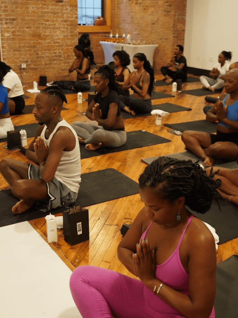 Peaceful group yoga session for relaxation and mindfulness.